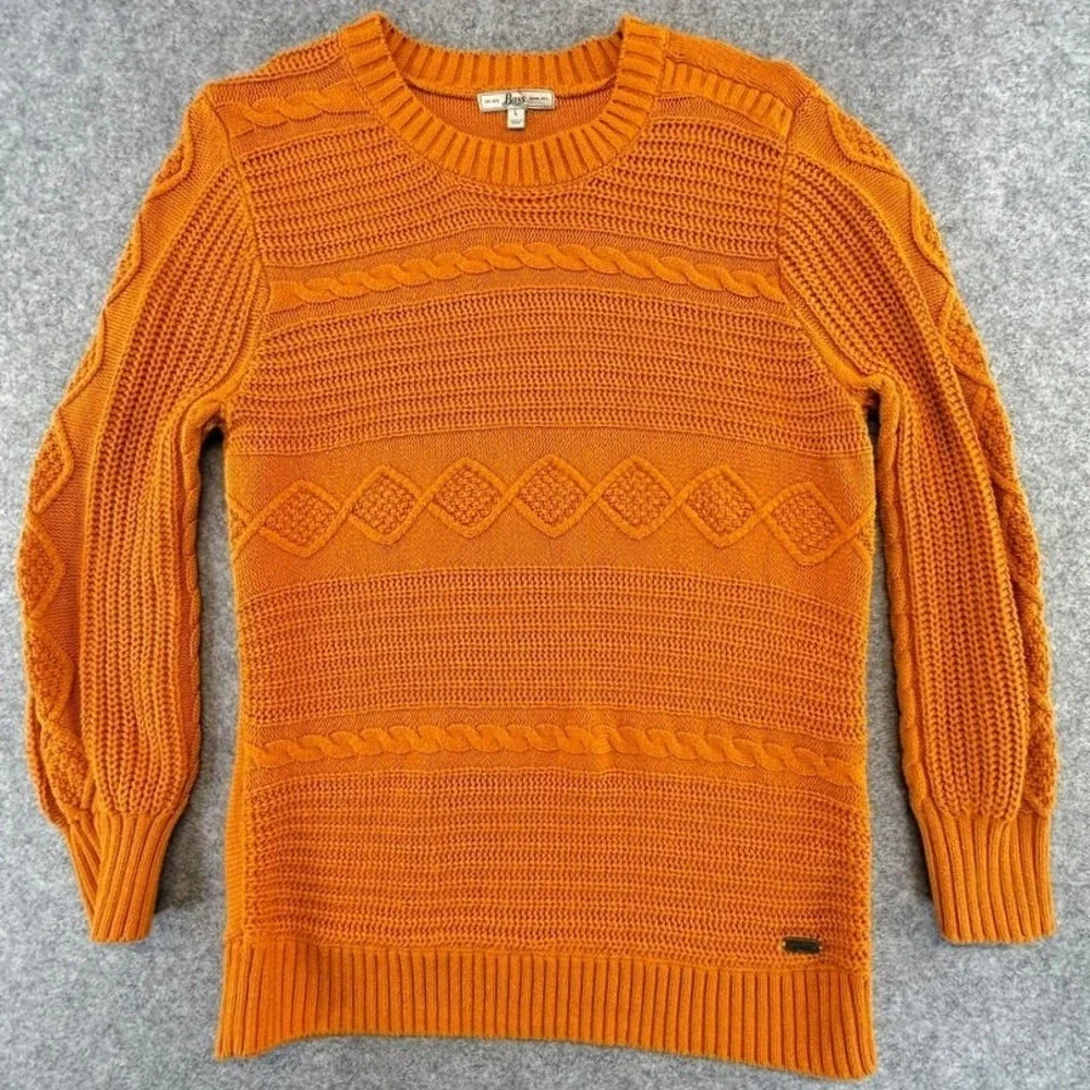 Bass Womens Orange Cable Knit Crew Neck Sweater Size L Chunky Classic